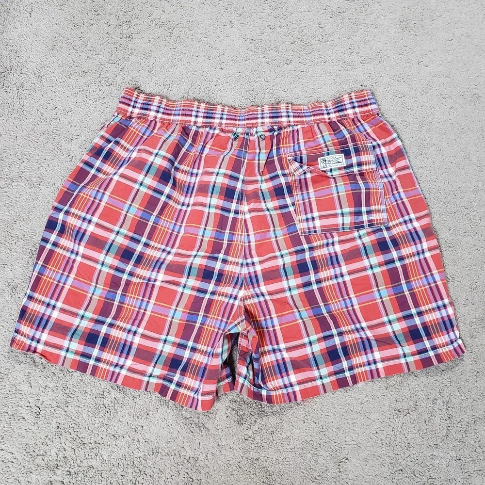 Polo Ralph Lauren Swim Shorts Men XL Red Madras Plaid Trunks Swimsuit Lined VTG